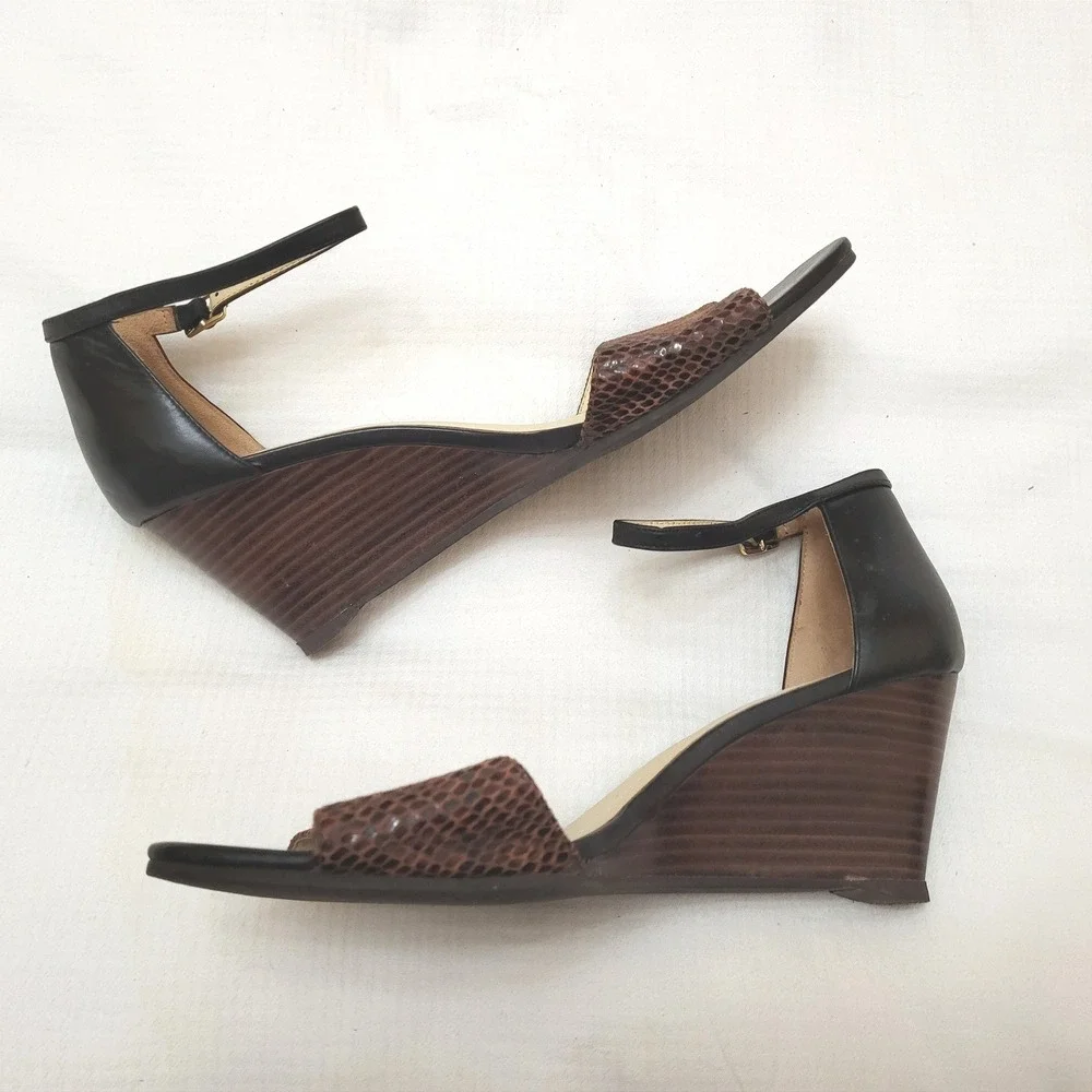 Cole Haan Rosalin Brown Snakeskin Black Ankle Strap Leather Wedge Sandal 8B